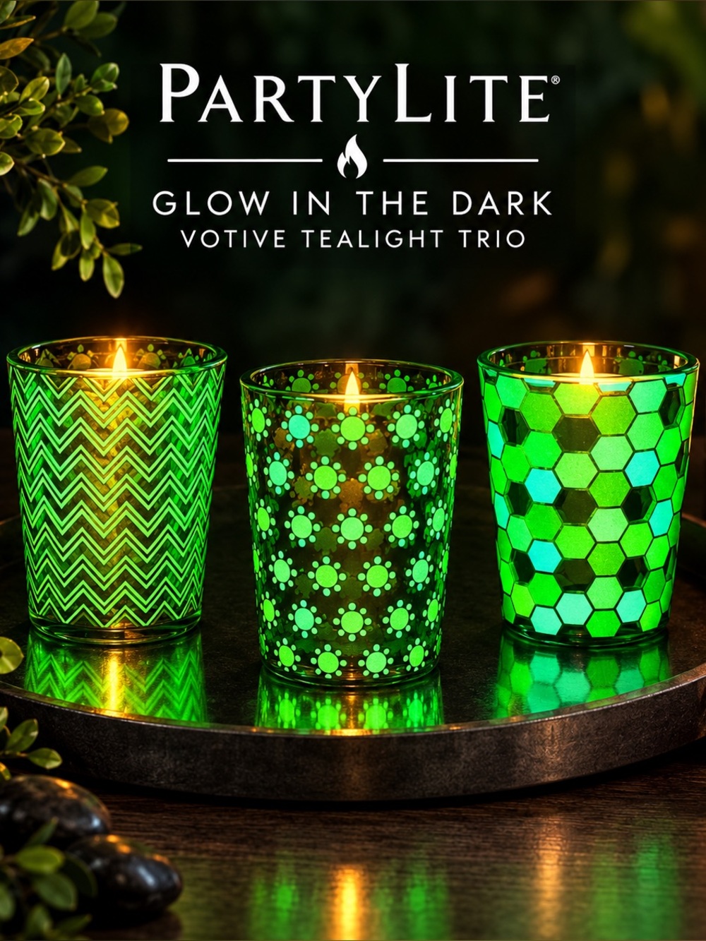 PartyLite Glow In The Dark Votive TeaLight Summer Candle Chevron Stars Holders